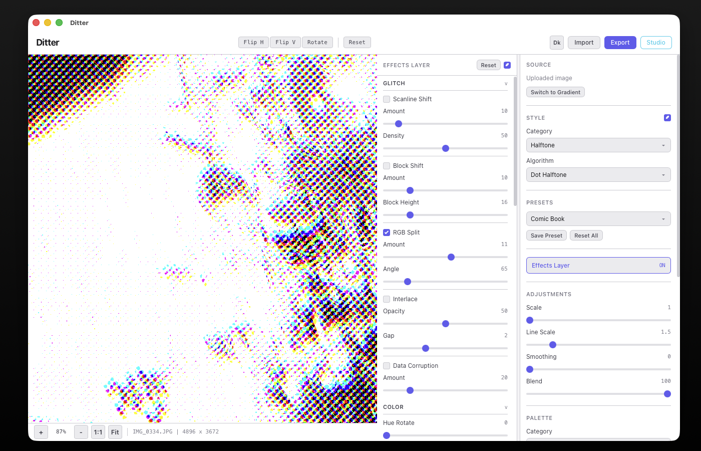 Ditter interface showing the canvas and control panel
