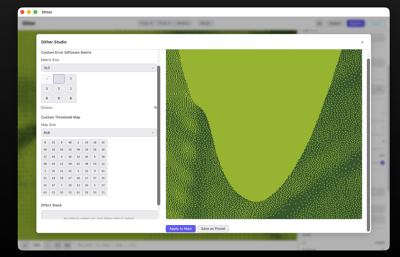 Dither Studio with Classic tab, error diffusion matrix editor